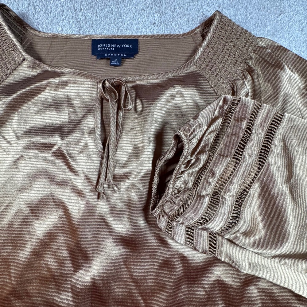 Jones New York Signature Bronze Metallic Ribbed Tie Neck Blouse Medium Stretch